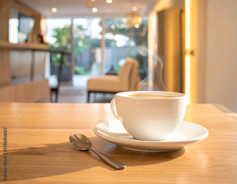 Fototapeta premium Steaming Coffee Cup on Wooden Table with Soft Sunlight and Blurred Background