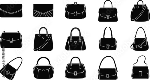 Elegant handbag vector illustration collection, various purse and bag silhouettes, modern fashion accessories design for women, luxury style isolated icons