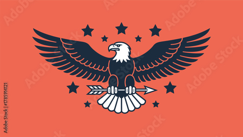 Majestic bald eagle with outstretched wings and an arrow through its talons against a vibrant orange background a patriotic silhouette