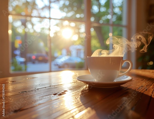 Steaming Coffee Cup on Wooden Table with Sunlight Through Window