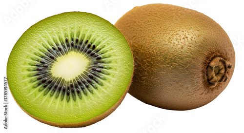 Closeup of a whole and a halved kiwi fruit isolated on transparent background, showcasing the vibrant green flesh and black seeds