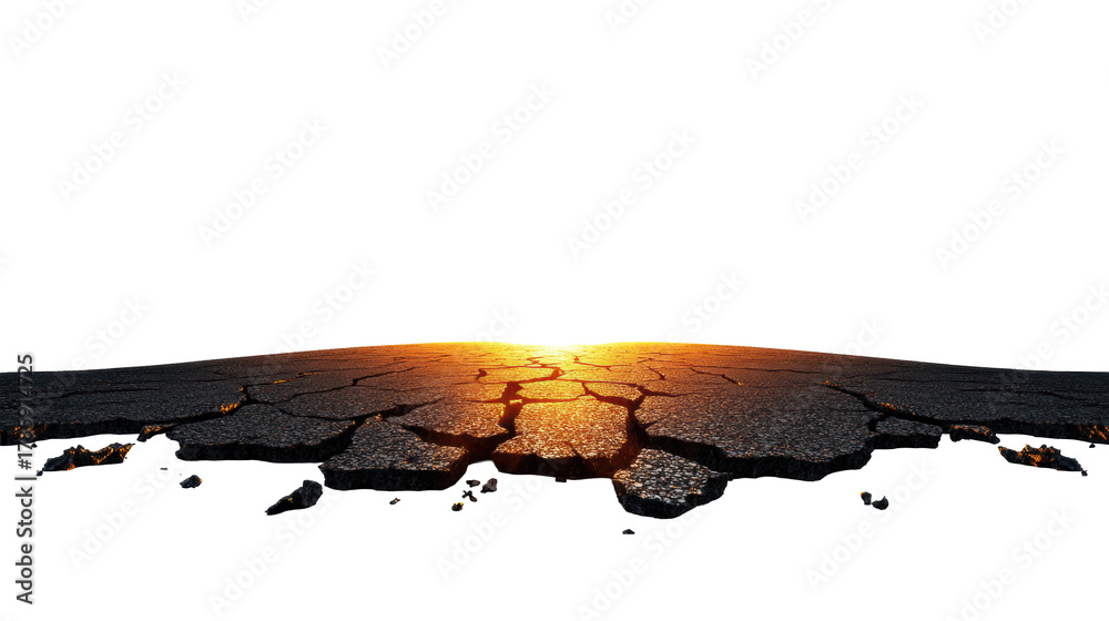 Obraz premium Cracked Road Leading into a Sunset Horizon on Transparent Background