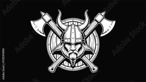 Intimidating viking warrior face with horned helmet and crossed axes behind a round shield silhouette