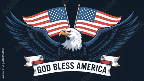 Majestic bald eagle with american flags and god bless america banner silhouette