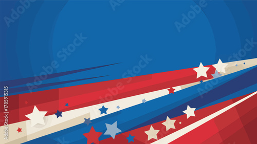 Abstract patriotic background with red white and blue stripes and stars in a dynamic silhouette design