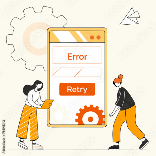 Modern tech error retry concept with people, appealing for business and technology solutions