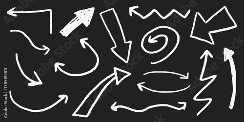 Crayon arrows in sketch style with swirling doodles and messy scribble lines, chalk underlines and gritty grunge texture.