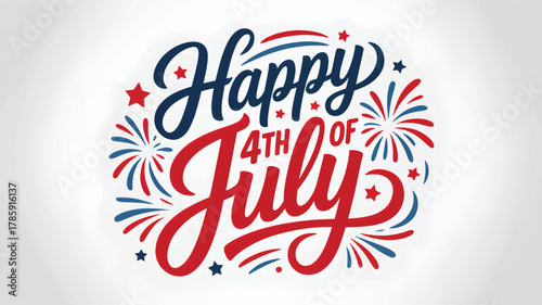 Happy fourth of july text art with fireworks and stars in a patriotic red white and blue silhouette