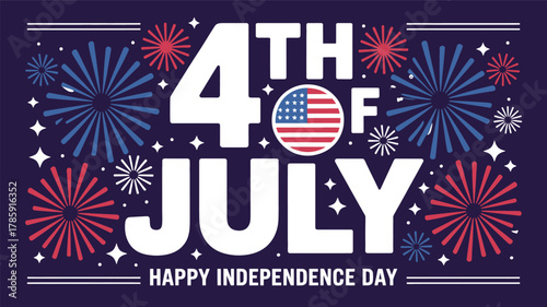Vibrant fourth of july celebration with bold white text and colorful fireworks against a dark blue background happy independence day silhouette