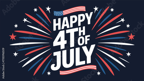 Happy 4th of july celebration with fireworks and american flag elements in a bold graphic silhouette style