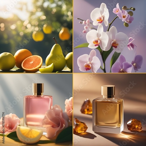 A captivating split-view image featuring distinct sections, each showcasing key ingredients of a luxurious fragrance: