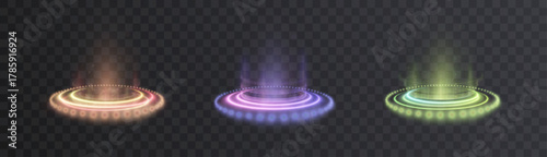 A set of neon portals with teleportation platform effects on a dark background. Suitable for science fiction, game interfaces, magical scenes, and fantasy illustrations.