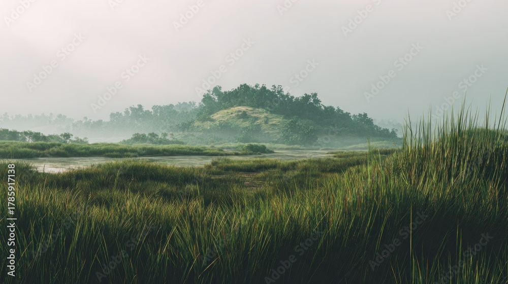 Obraz premium Misty morning landscape with tall grass and distant wooded hills