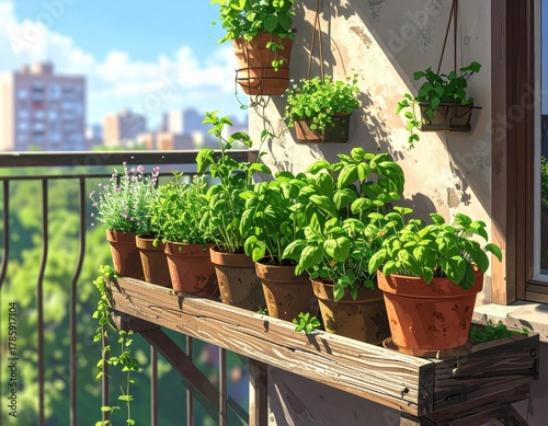 Sunny Balcony Garden with Herbs and Plants in Terracotta Pots, City View