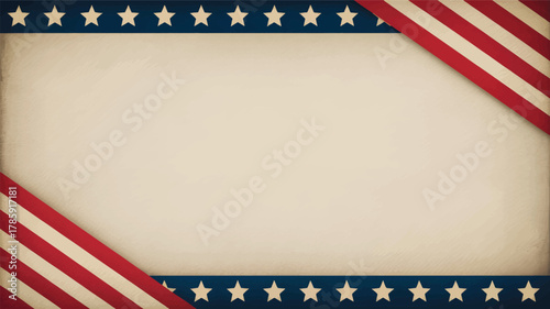 Vintage american flag inspired border with stars and stripes framing a blank parchment paper background silhouette