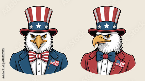 Two patriotic bald eagles wearing uncle sam hats and suits with american flags and bow ties presented in a distinctive silhouette style