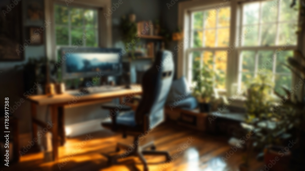 Fototapeta premium Cozy home office interior, blurred with soft focus and natural golden light. Features green foliage outside large windows and earthy tones, perfect as a virtual meeting background, website, or desi