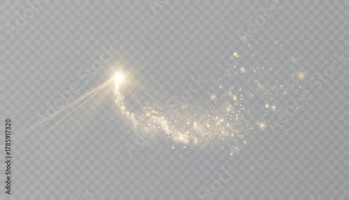 Glowing golden dust swirl with luminous particles and magical curved trail on transparent background. Suitable for fantasy effects, fairy visuals, abstract energy flows, and enchanted light design.	
