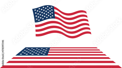 Stylized american flag waving above a flat american flag displayed on a surface silhouette