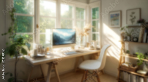Blurred modern minimalist home office interior with soft natural light and warm tones. Ideal for virtual meeting backgrounds, relaxed workspaces, website headers, and serene design aesthetics.