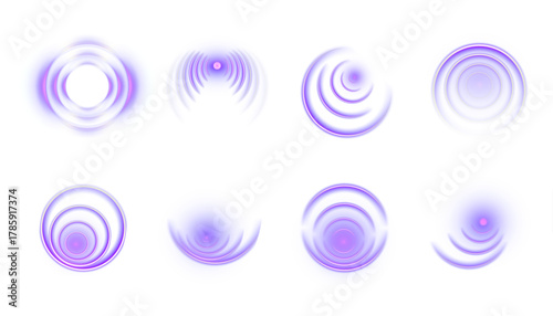 Set of glowing purple concentric circles and wave vibration effects on white background. Futuristic luminous rings for UI design, sound waves, radar visuals, digital motion graphics