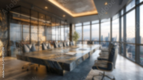 Wallpaper Mural Blurred modern luxury meeting room interior with city view, dark marble table, and executive chairs. Ideal for virtual meetings, professional presentations, and website backgrounds. Torontodigital.ca