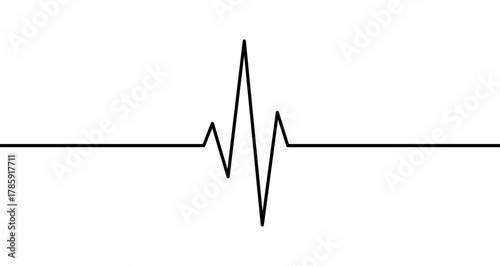 Heart rate line (peak impulse) in one line art style. Drawing of a pulse line with editable black stroke on a white background. Vector illustration.