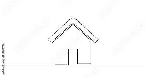 Simple house with a roof and door in one line art style. Drawing of a dwelling symbol with editable black stroke on a white background. Vector illustration.
