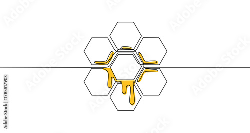 Colorful honeycomb with dripping honey in one line art style. Drawing of hexagonal cells with dripping honey with editable black stroke and yellow fill on a white background. Vector illustration.