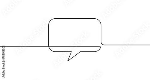 Rectangular speech or chat bubble in one line art style. Drawing of a dialogue or comment symbol with editable black stroke on a white background. Vector illustration.