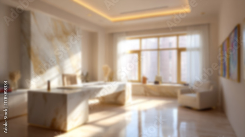 Blurred luxurious modern office interior background with warm natural light, elegant marble textures, and golden accents. Ideal for virtual meetings, web design, presentations.