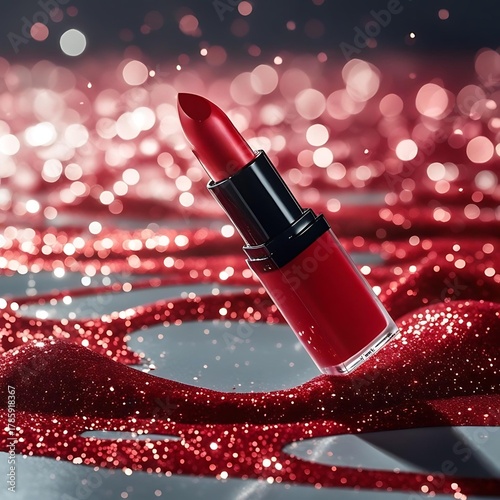 A red lipstick tube, dramatically frozen against a mesmerizing, blurred background with red sparkling glitter, is a product presentation.