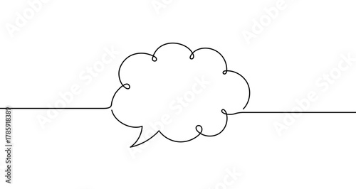 Cloud-shaped speech or thought bubble in one line art style. Drawing of a thought or idea symbol with editable black stroke on a white background. Vector illustration.