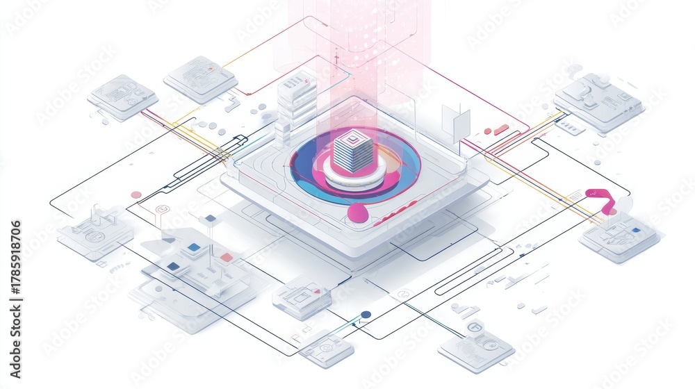 Fototapeta premium An abstract digital illustration showcasing a futuristic hub surrounded by interconnected elements in a tech-inspired design.