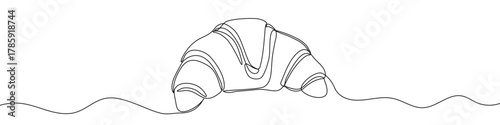 Classic French croissant in one line art style. Drawing of a pastry or breakfast item with editable black stroke on a white background. Vector illustration.