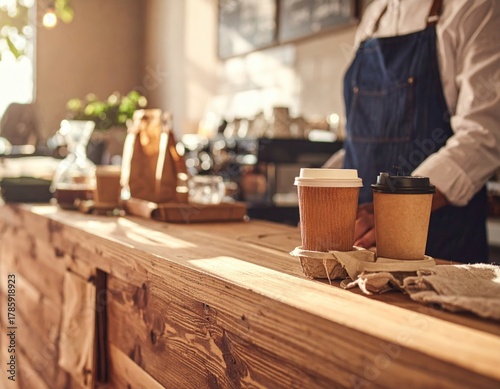 Warm Cafe Scene: Coffee Cups on Wooden Counter with Barista in Background