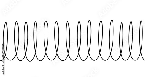 Horizontal row of continuous vertical circles or a stretched spiral in one line art style. Drawing of a motion or spring symbol with editable black stroke on a white background. Vector illustration.