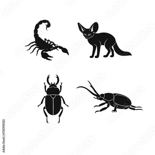 Silhouette set of desert animals, including scorpion, fennec fox, scarab beetle, and longhorn beetle