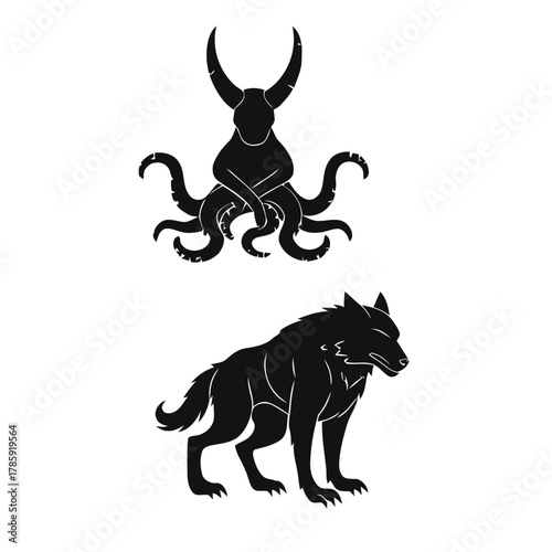Mythical creatures heraldic silhouettes of wolf and octopus for creating coat of arms design