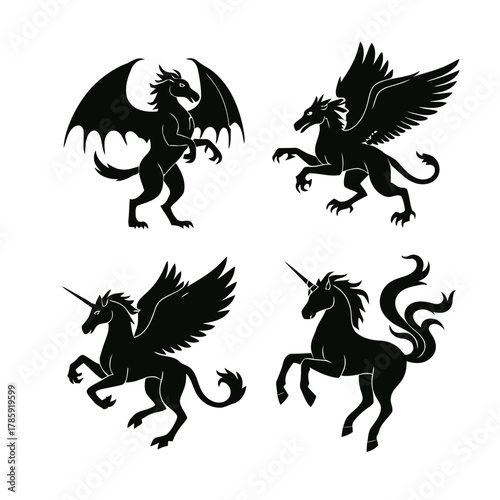 Mythical creatures heraldic silhouettes of dragon, griffin, unicorn, and pegasus for coat of arms design