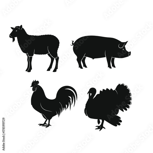 Silhouette of a goat, pig, rooster, and turkey, showcasing diverse farm animal species