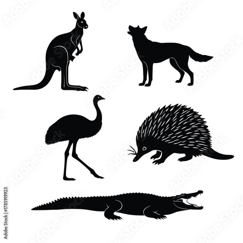Silhouette of a kangaroo, dingo, emu, echidna, and crocodile perfect for australian designs