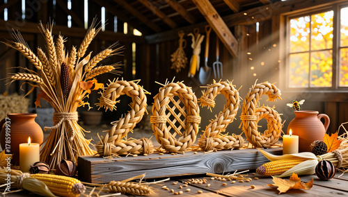 Year 2026 woven from golden wheat straw in braided pattern on wooden table in rustic barn with wheat sheaf, corn, clay pots and candles against autumn window. Harvest abundance concept