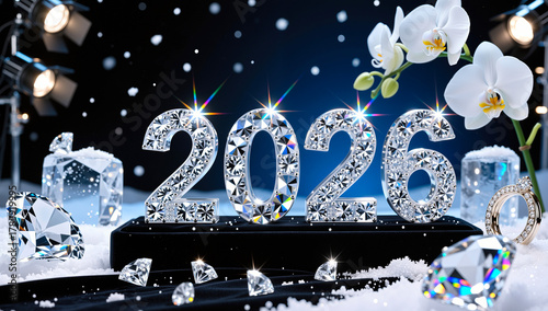 Year 2026 made of sparkling diamond texture on black glossy platform with white orchids, brilliant cut diamonds and stage lights against dark blue background. Luxurious glamorous concept