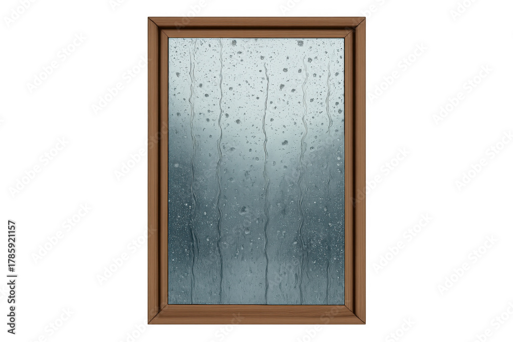 Obraz premium Raindrops splashing and flowing on window glass with a wooden frame during heavy rain weather