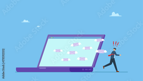 Businessman office guy run away from overload flying mail letter from computer laptop. Email overload too many junk mails that reduce efficiency and productivity in work and time management.