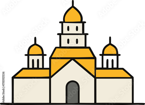 Stylized flat icon of a grand church building with multiple domes and a central spire isolated on transparent background