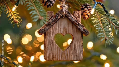 Charming Wooden House Ornament with Heart Cutout, Decorated on a Christmas Tree Branch with Bokeh Lights