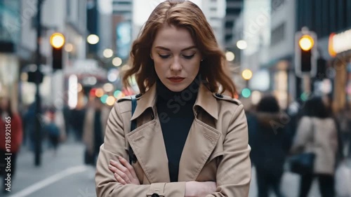 Pensive woman standing amid bustling city street traffic contemplates life decisions, embodying urban solitude and modern lifestyle challenges