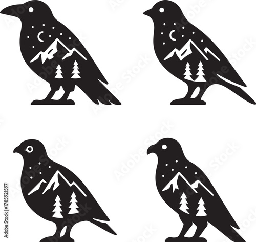 Alpine Birds Vector Set Raven, Snow Finch, Partridge, Falcon eps